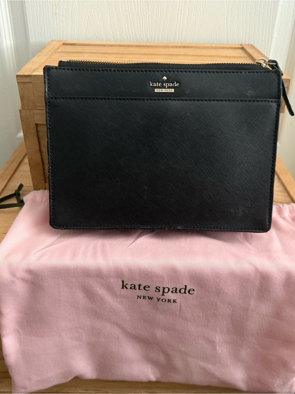 kate spade Black Leather Zip Pouch with Front Pocket